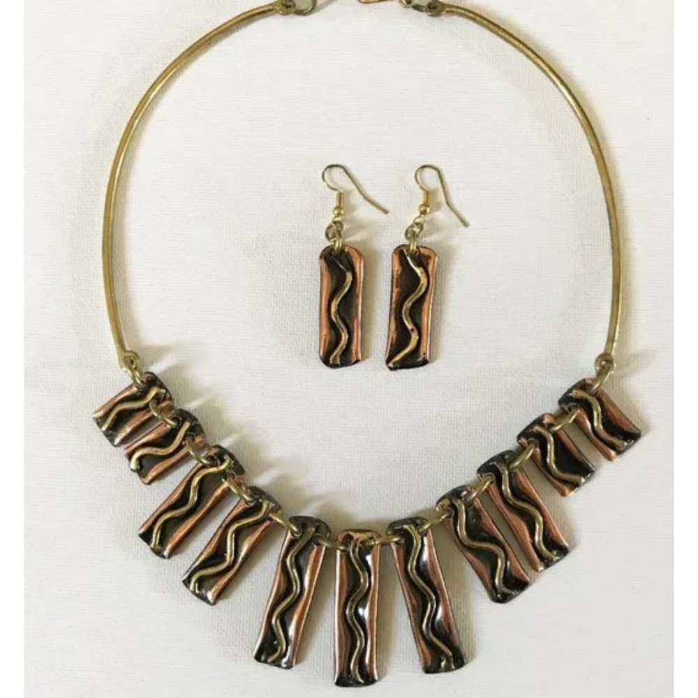 Copper Brass Art Necklace Earring Set Western Southwestern Boho Handmade Artist